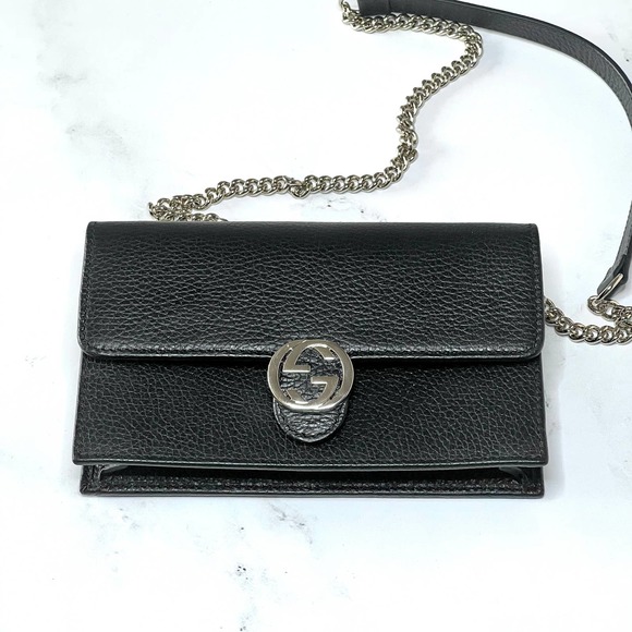 Gucci Handbags - 💛SOLD🖤 Black Gucci GG Interlocking Pebbled Leather Wallet On Chain